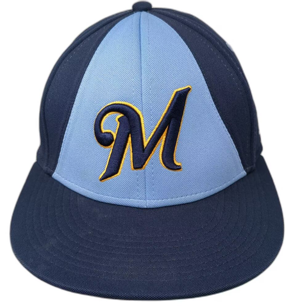 The Game Milwaukee Brewers M Logo Blue Baseball Cap Fitted Hat Size M Polyester